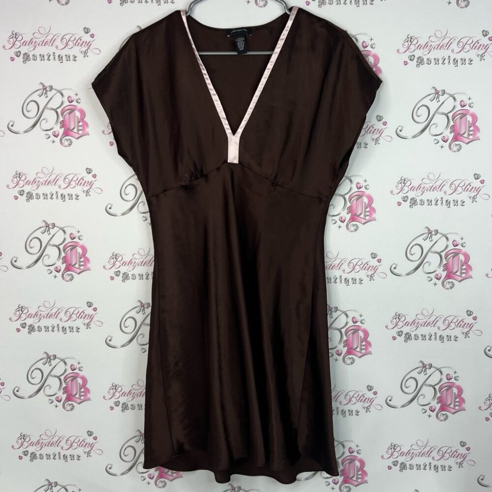 Jones New York dress Vneck shiny Brown shimmer with Pink Trim
